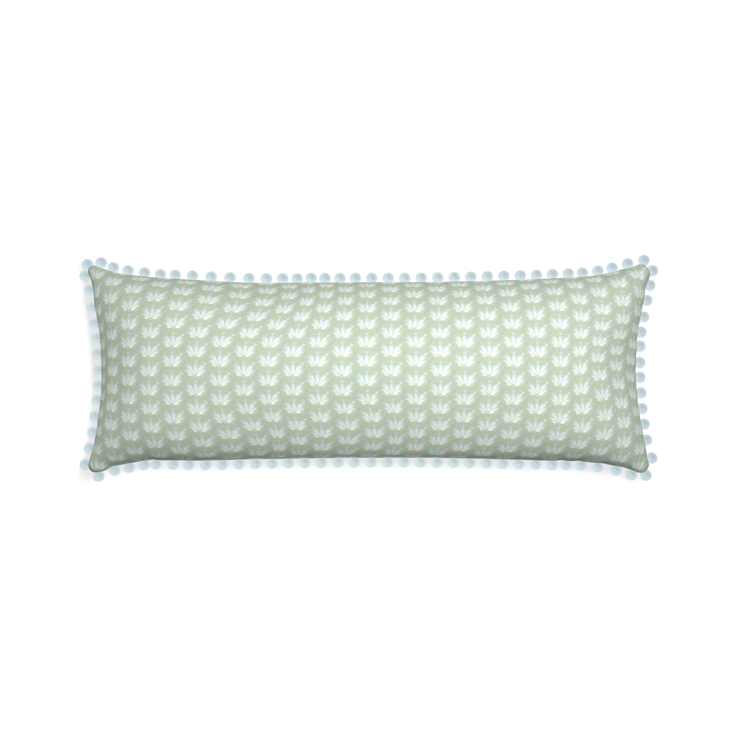 Xl-lumbar serena sea salt custom blue & green floral drop repeatpillow with powder pom pom on white background