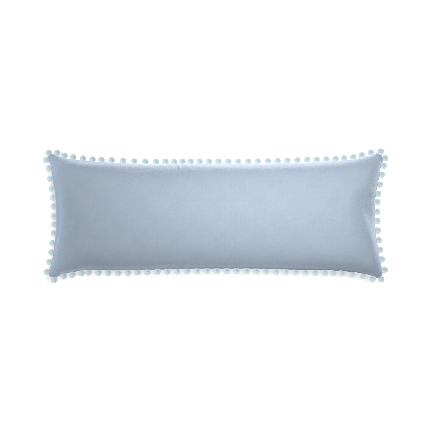 Xl-lumbar sky velvet custom pillow with powder pom pom on white background