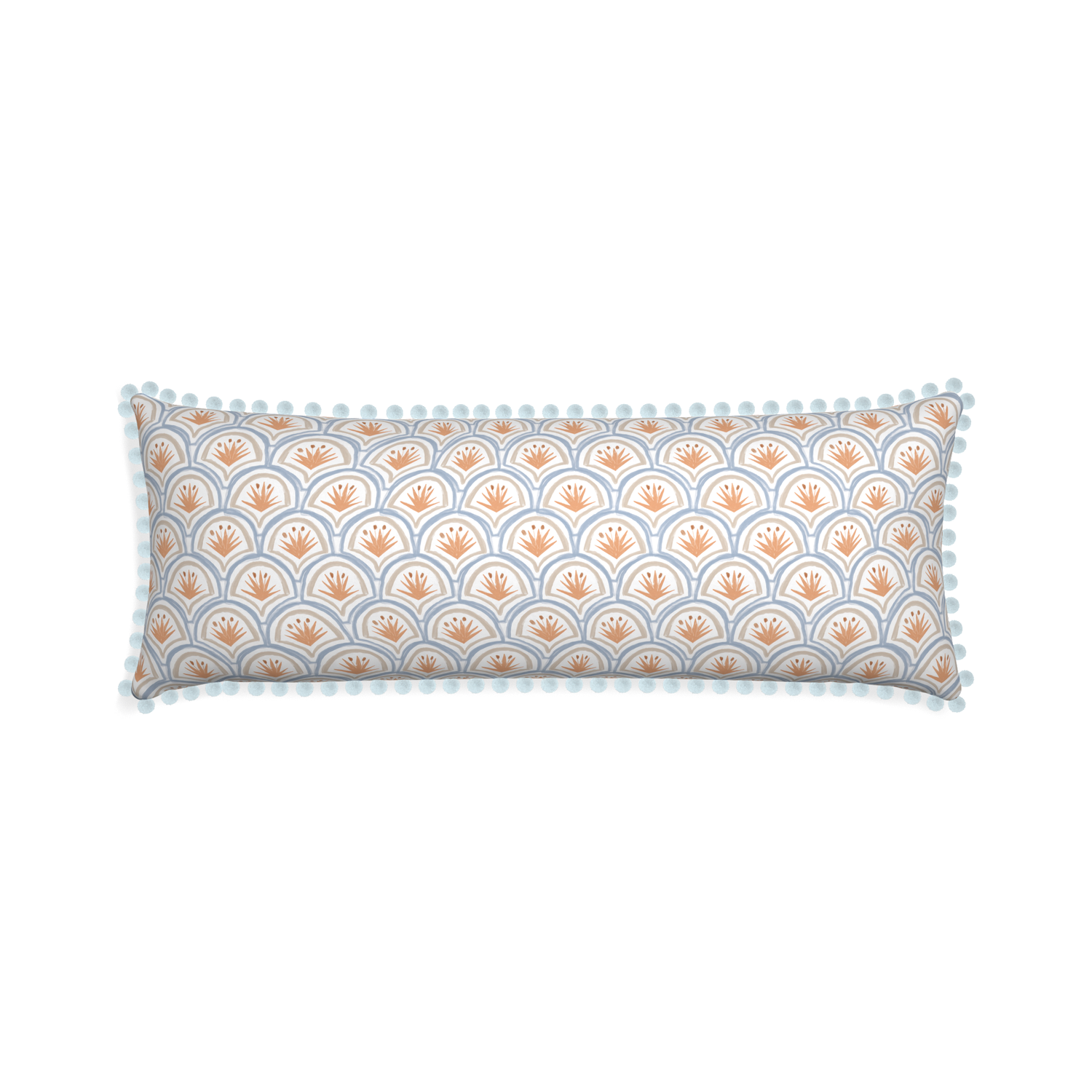 Xl-lumbar thatcher apricot custom pillow with powder pom pom on white background
