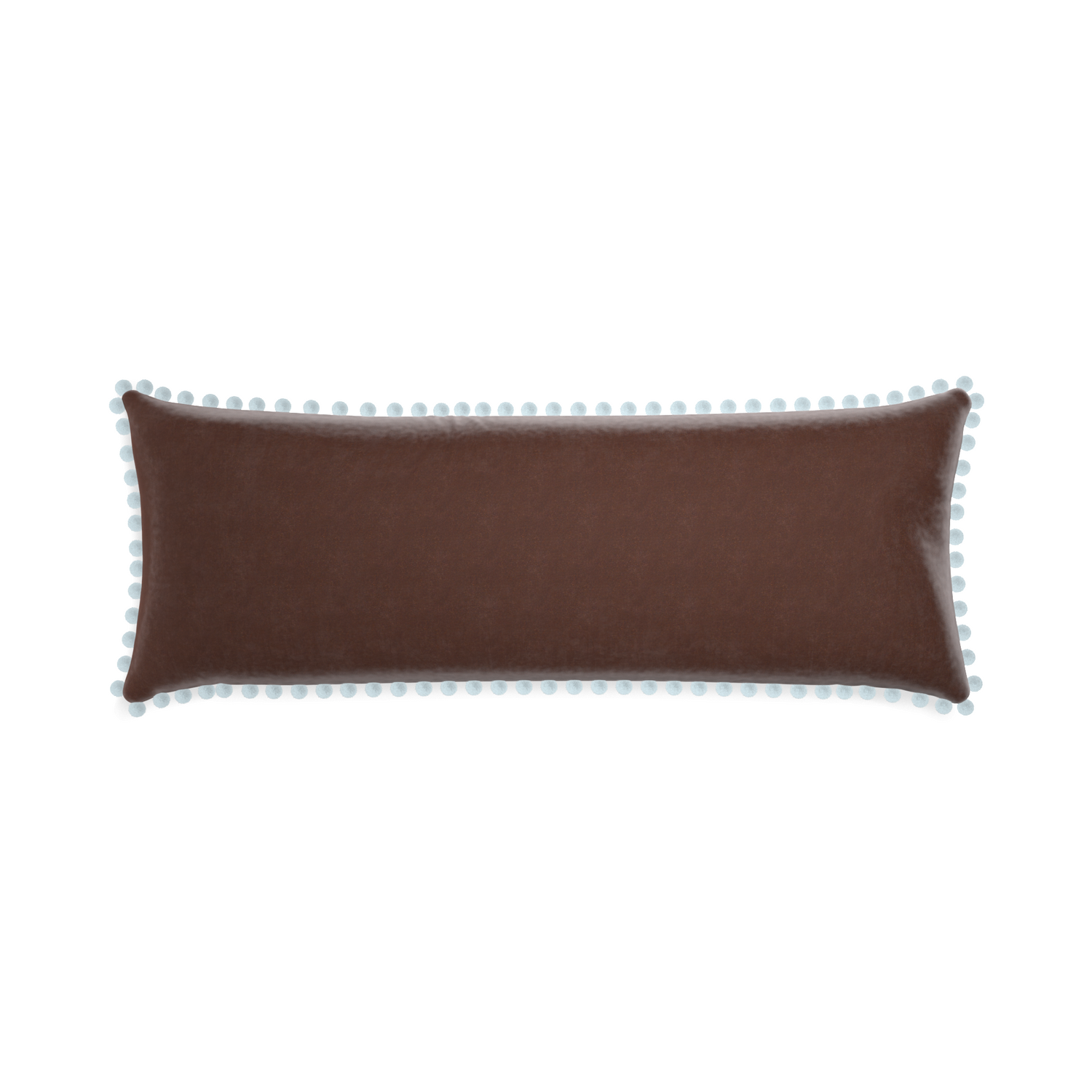 rectangle brown velvet pillow with light blue pom poms
