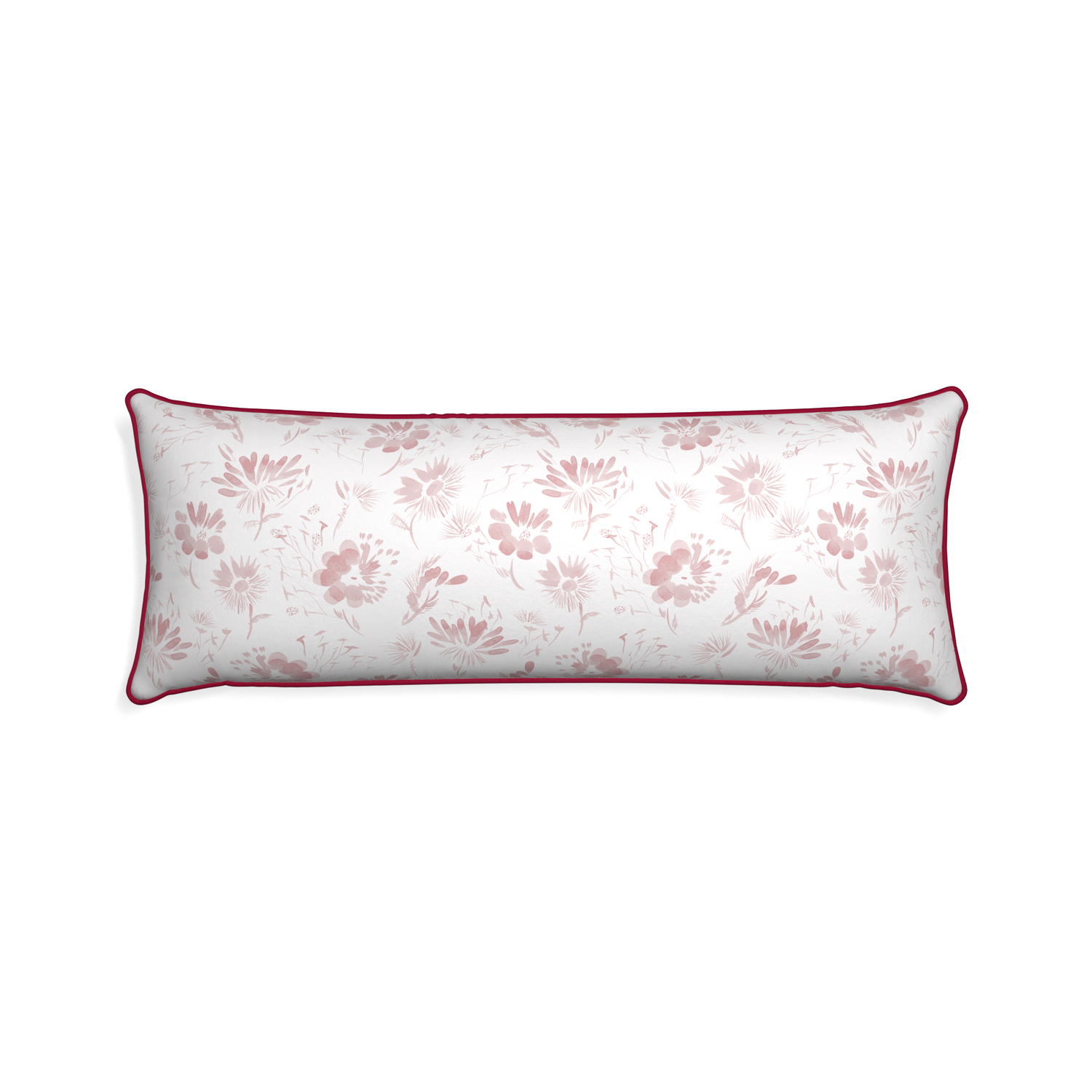 Xl-lumbar blake custom pink floralpillow with raspberry piping on white background