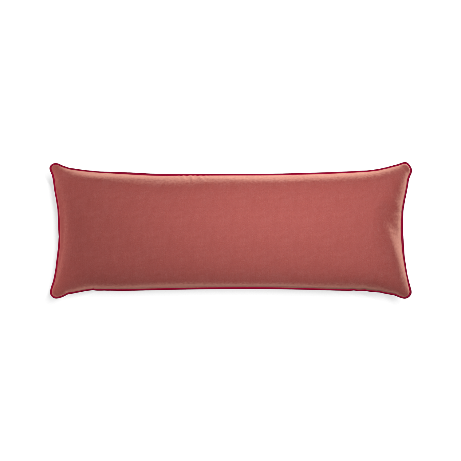 Xl-lumbar cosmo velvet custom pillow with raspberry piping on white background
