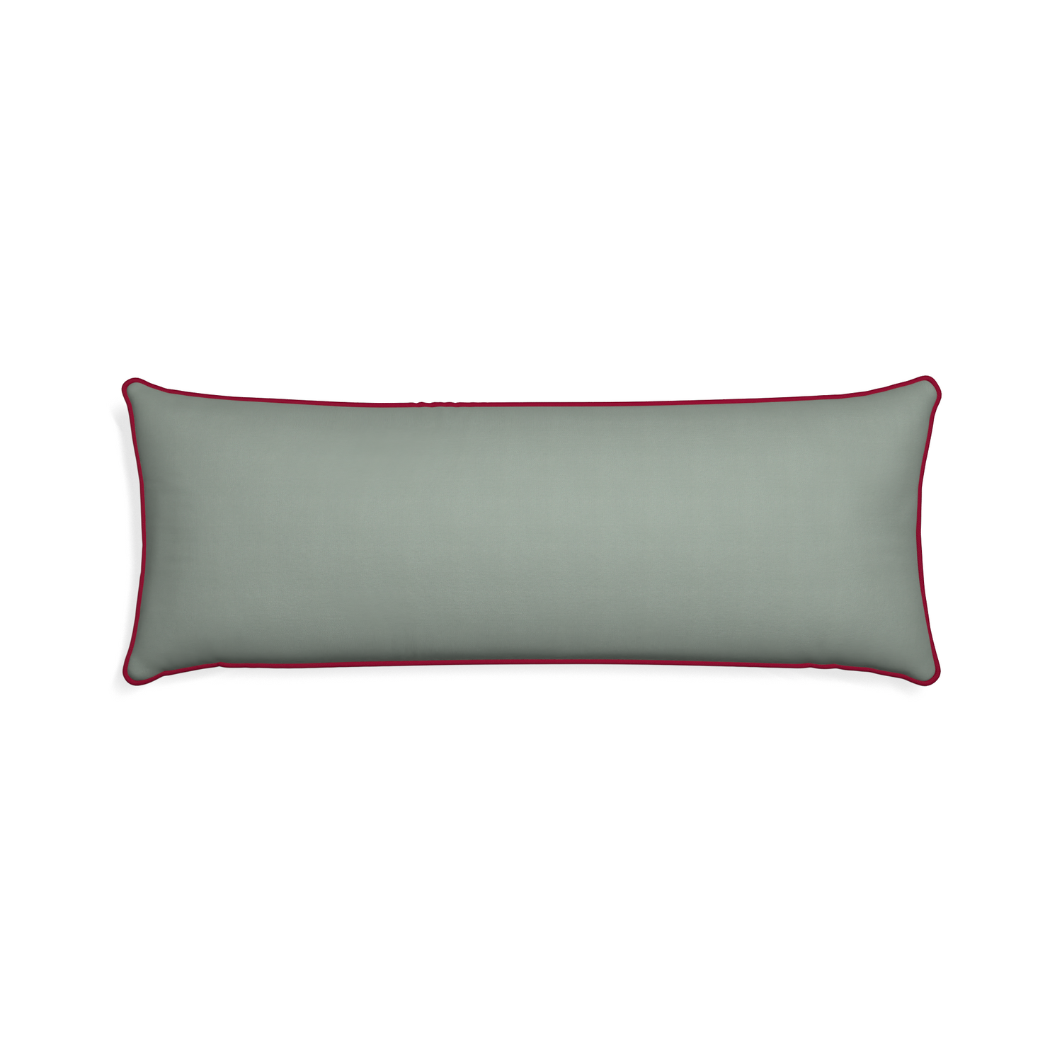Xl-lumbar sage custom pillow with raspberry piping on white background