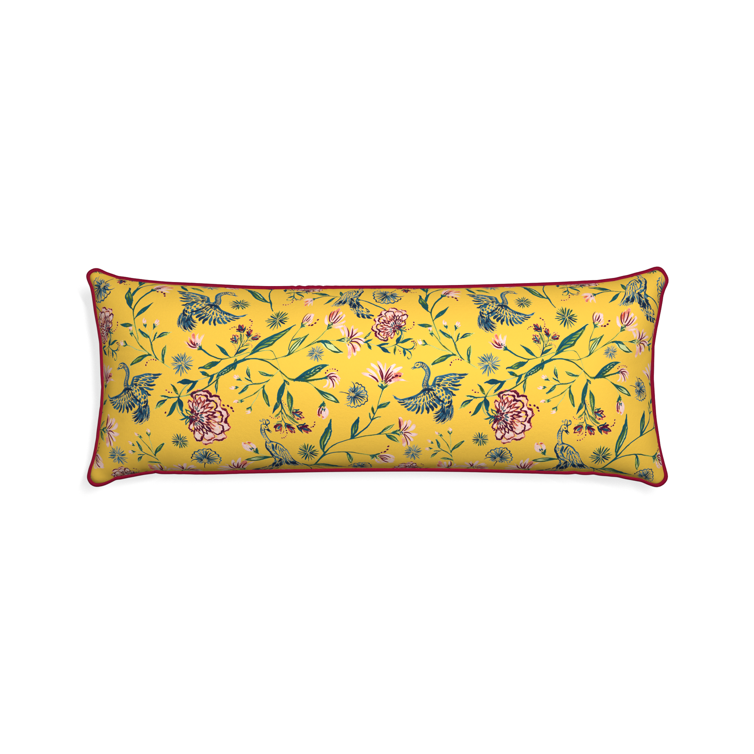 Xl-lumbar daphne canary custom pillow with raspberry piping on white background