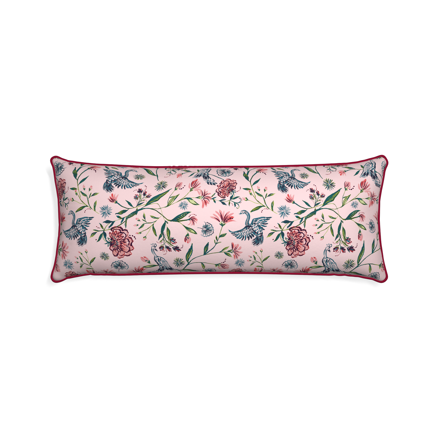 Xl-lumbar daphne rose custom pillow with raspberry piping on white background