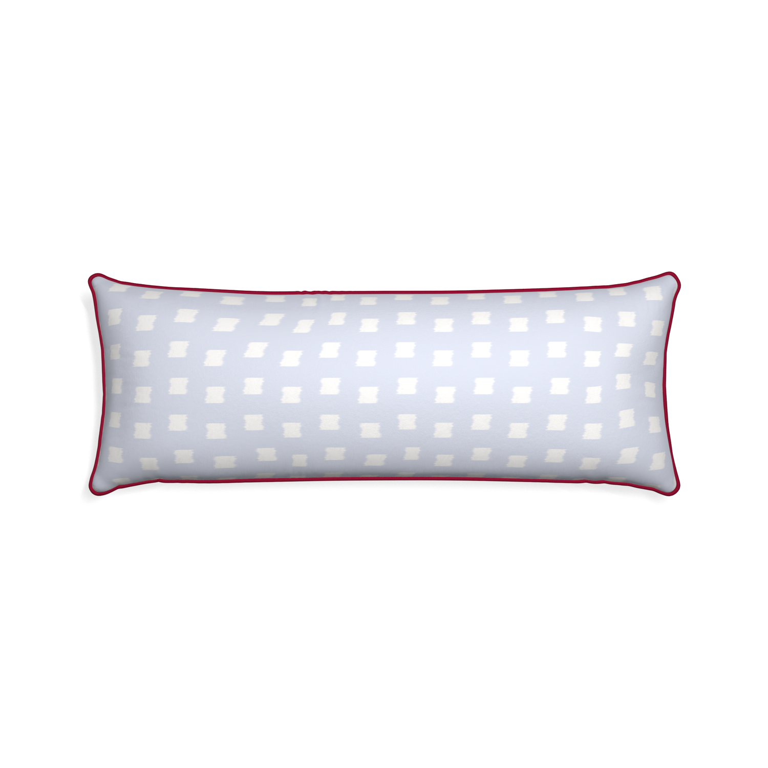Xl-lumbar denton custom sky blue patternpillow with raspberry piping on white background