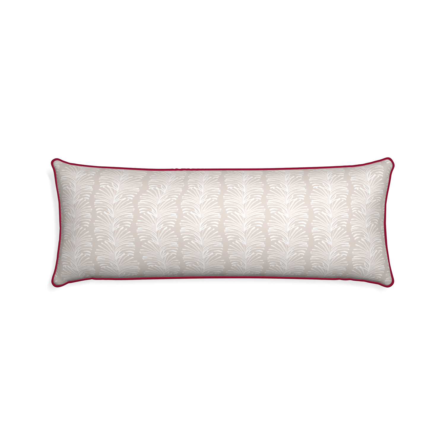 Xl-lumbar emma sand custom pillow with raspberry piping on white background