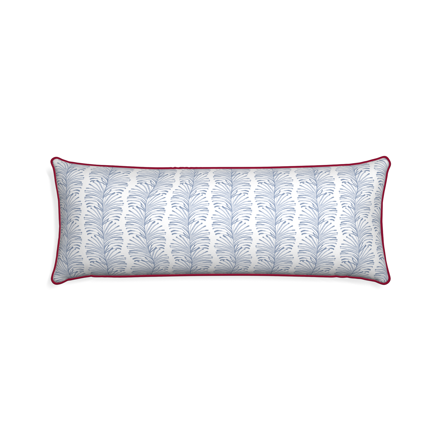 Xl-lumbar emma sky custom pillow with raspberry piping on white background