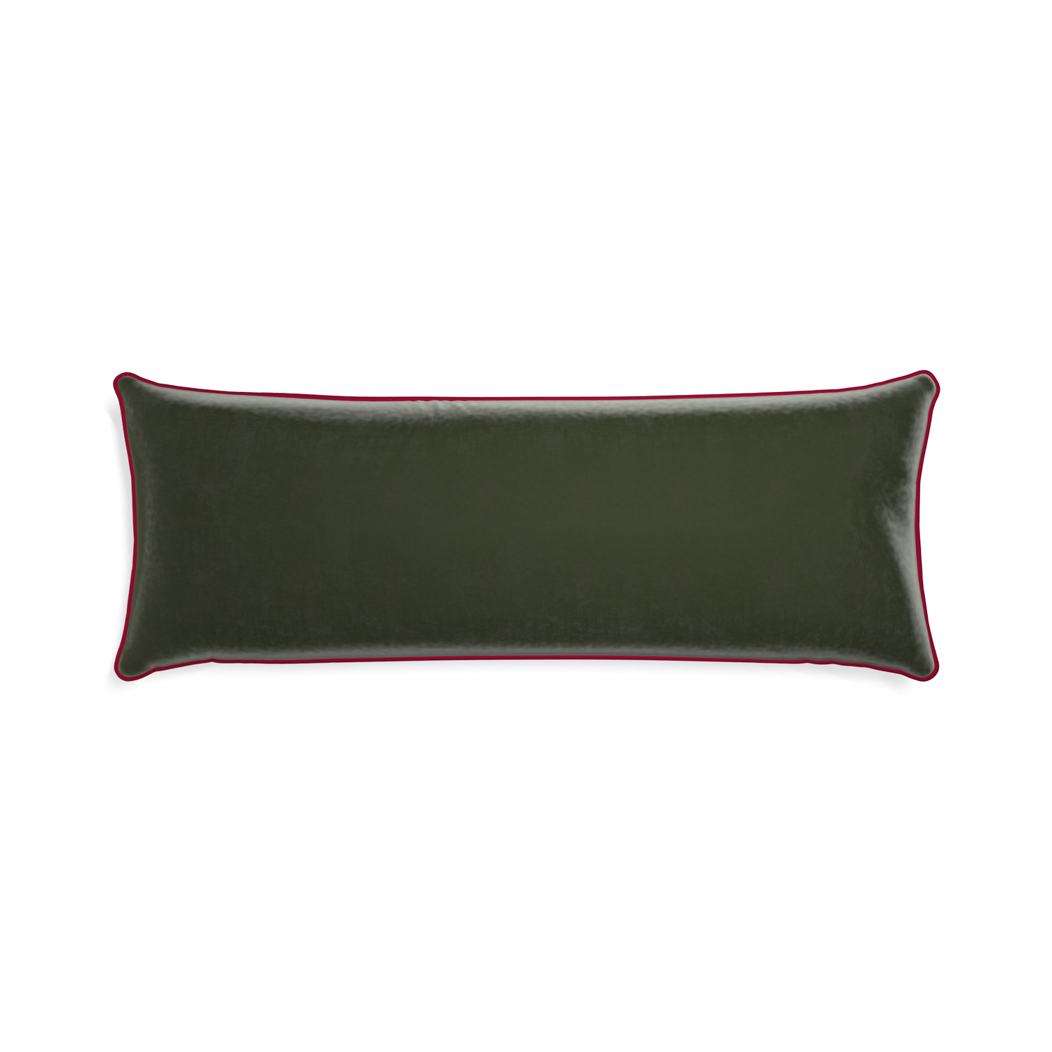Xl-lumbar fern velvet custom pillow with raspberry piping on white background