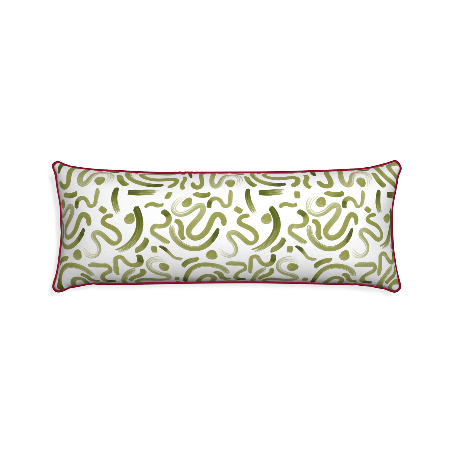 Xl-lumbar hockney moss custom pillow with raspberry piping on white background