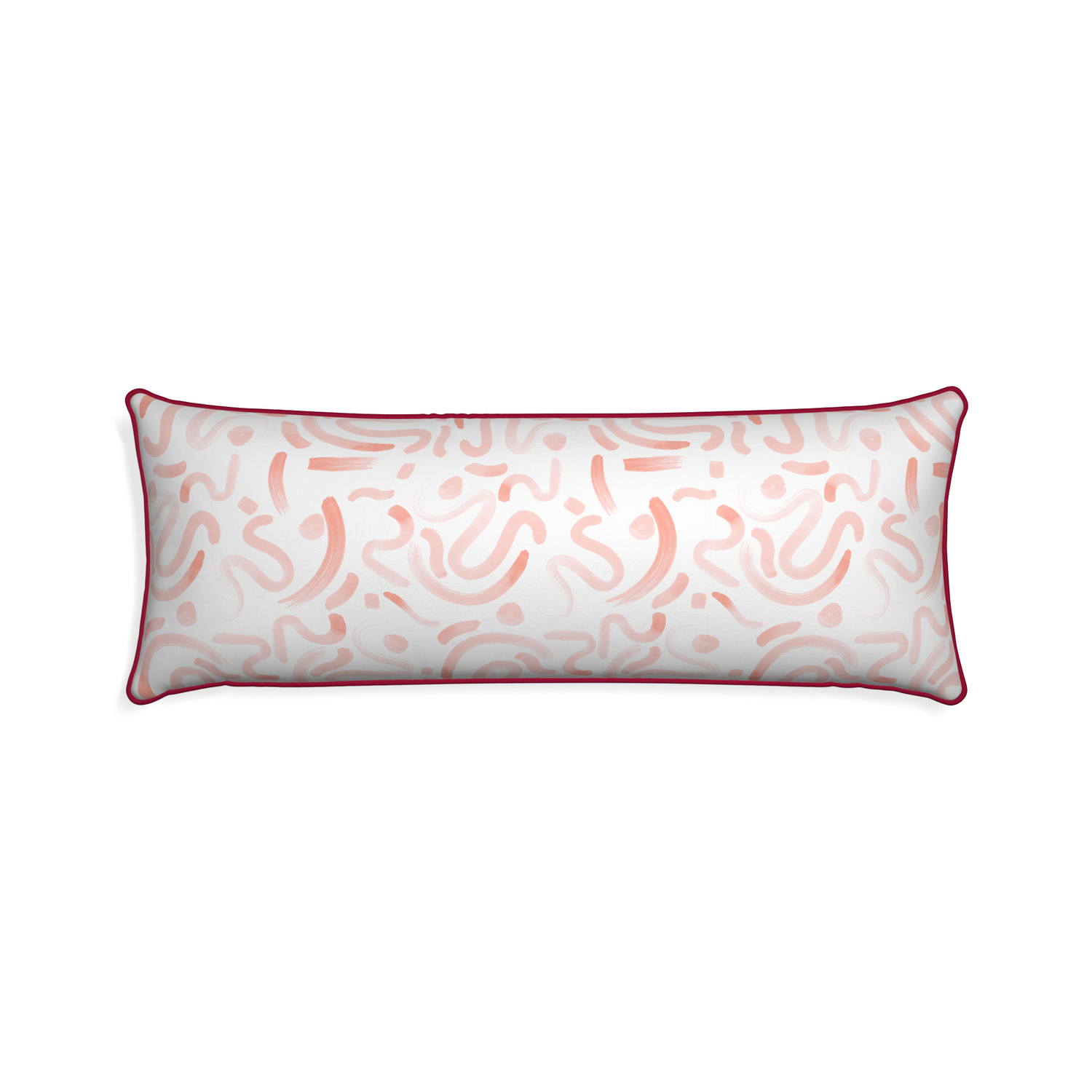 Xl-lumbar hockney pink custom pink graphicpillow with raspberry piping on white background