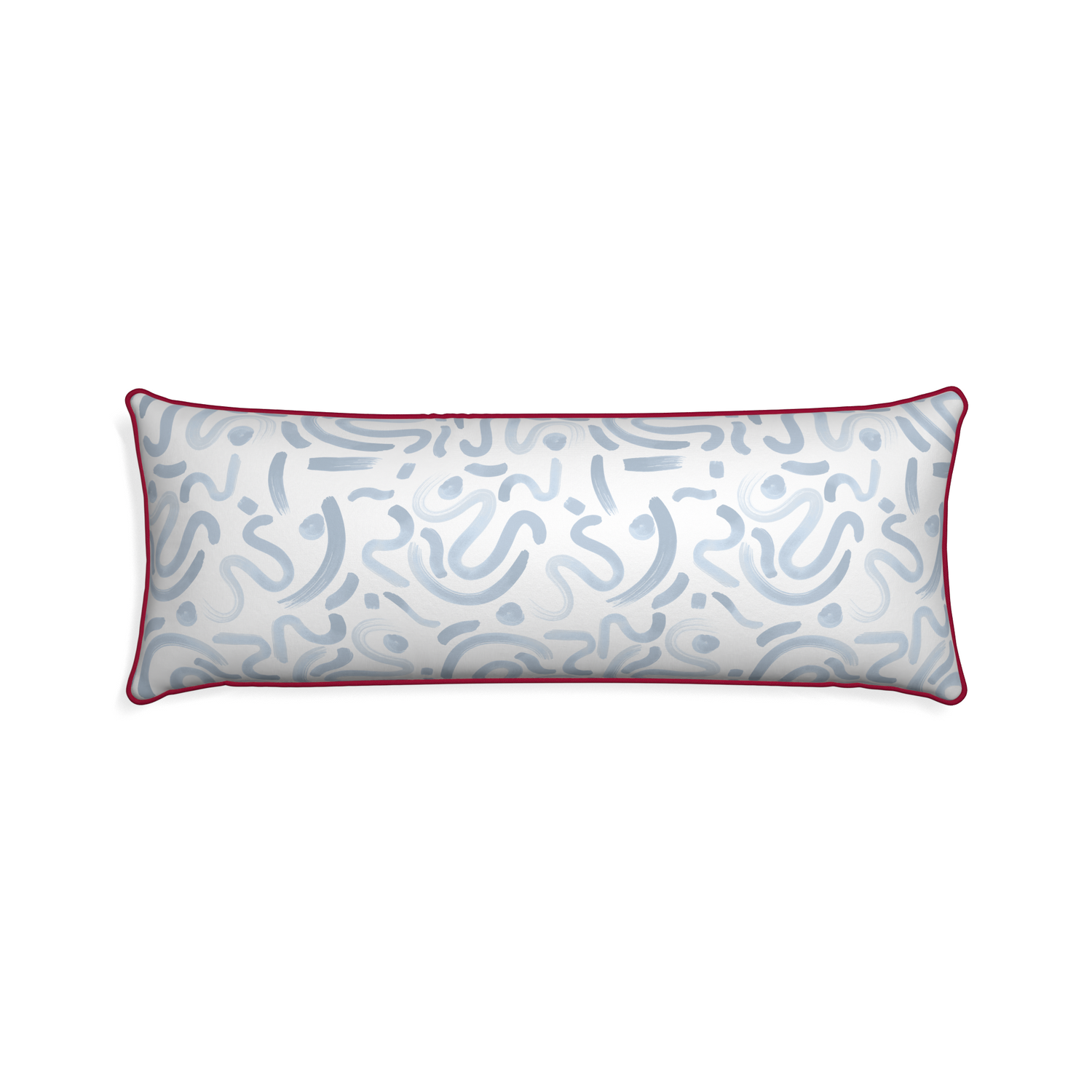 Xl-lumbar hockney sky custom pillow with raspberry piping on white background