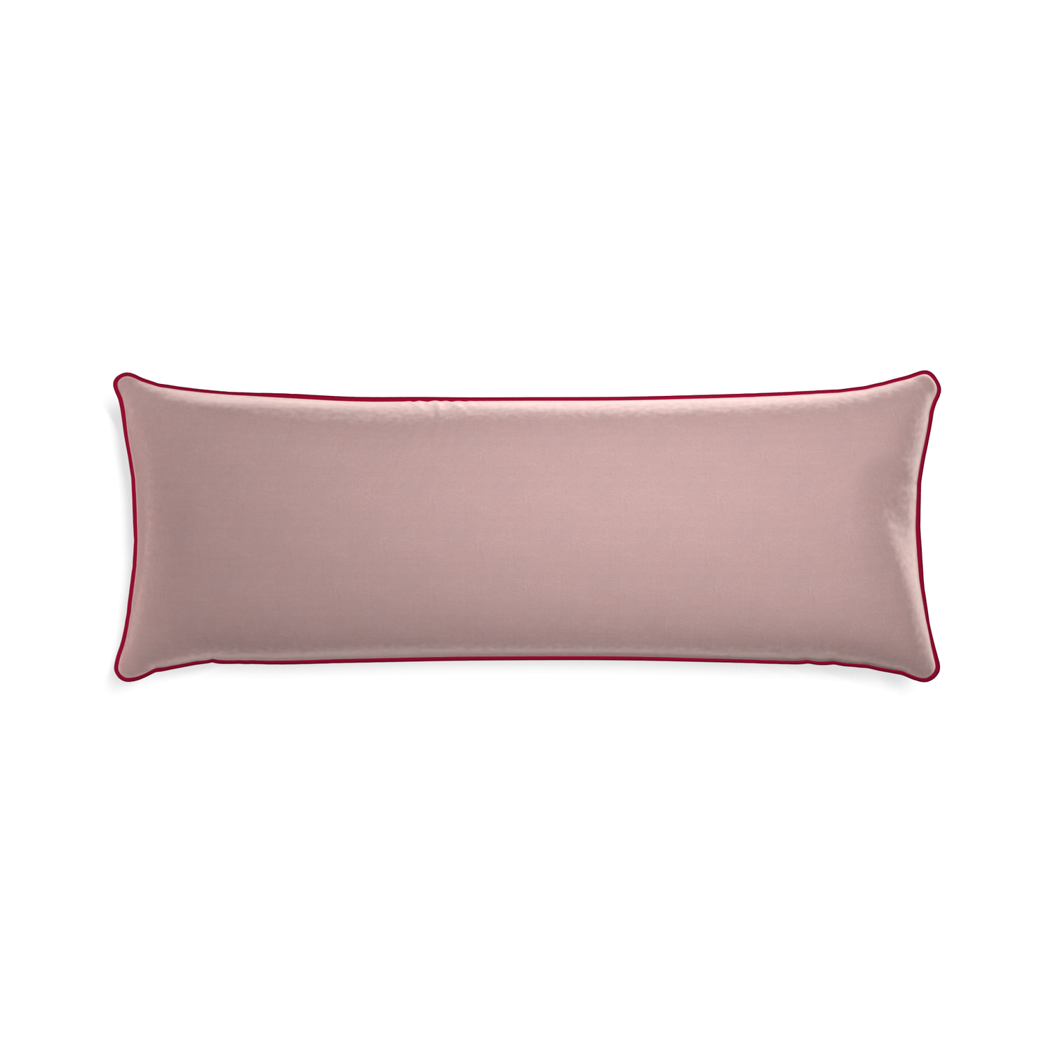 Xl-lumbar mauve velvet custom pillow with raspberry piping on white background