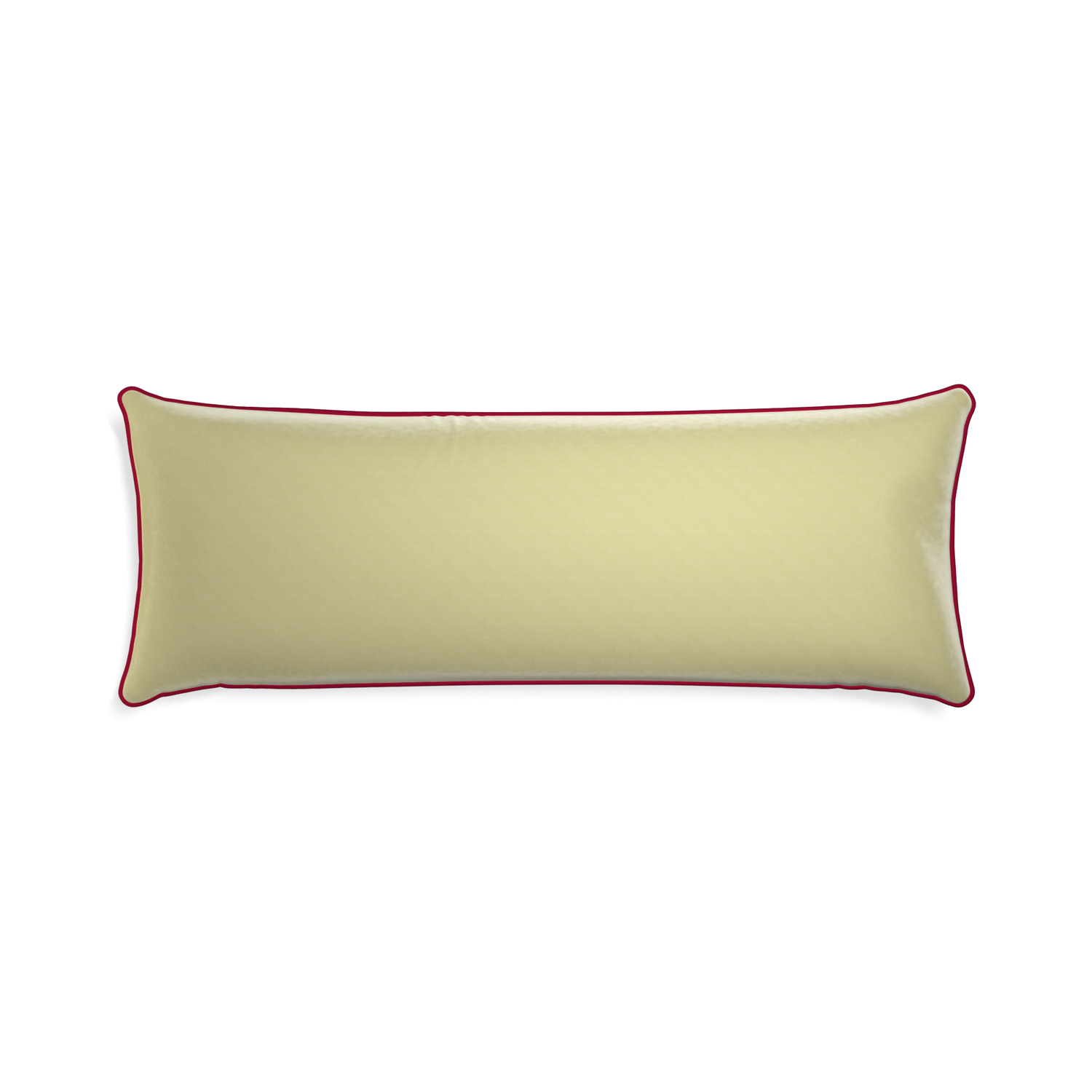 Xl-lumbar pear velvet custom pillow with raspberry piping on white background