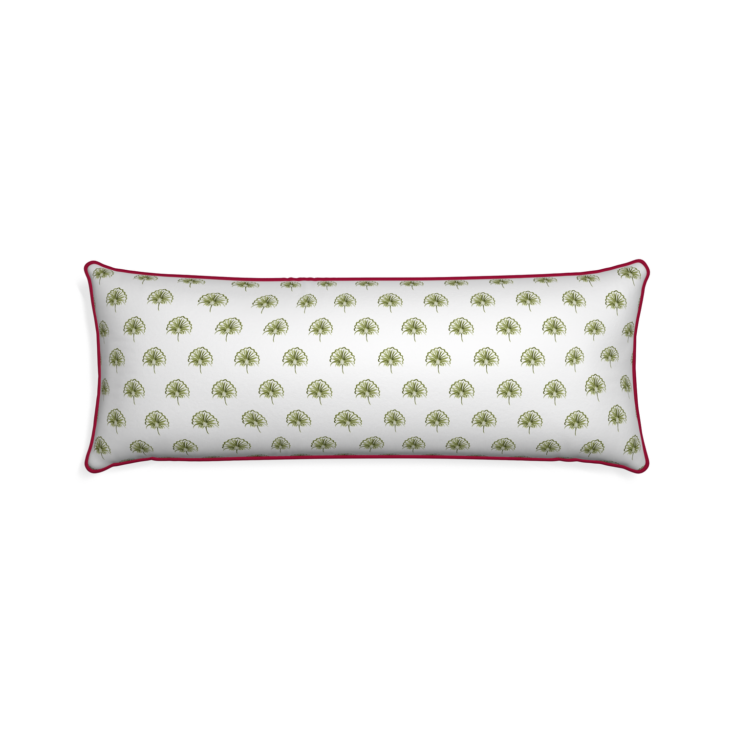 Xl-lumbar penelope moss custom green floralpillow with raspberry piping on white background