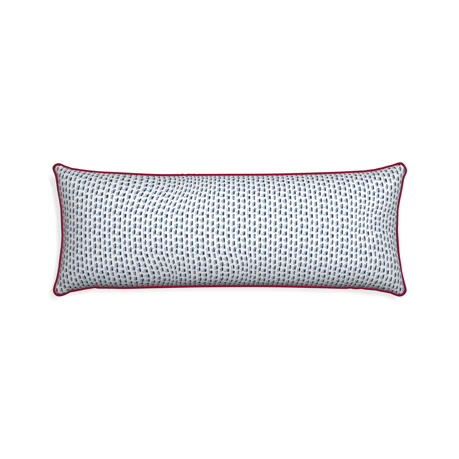 Xl-lumbar poppy blue custom pillow with raspberry piping on white background
