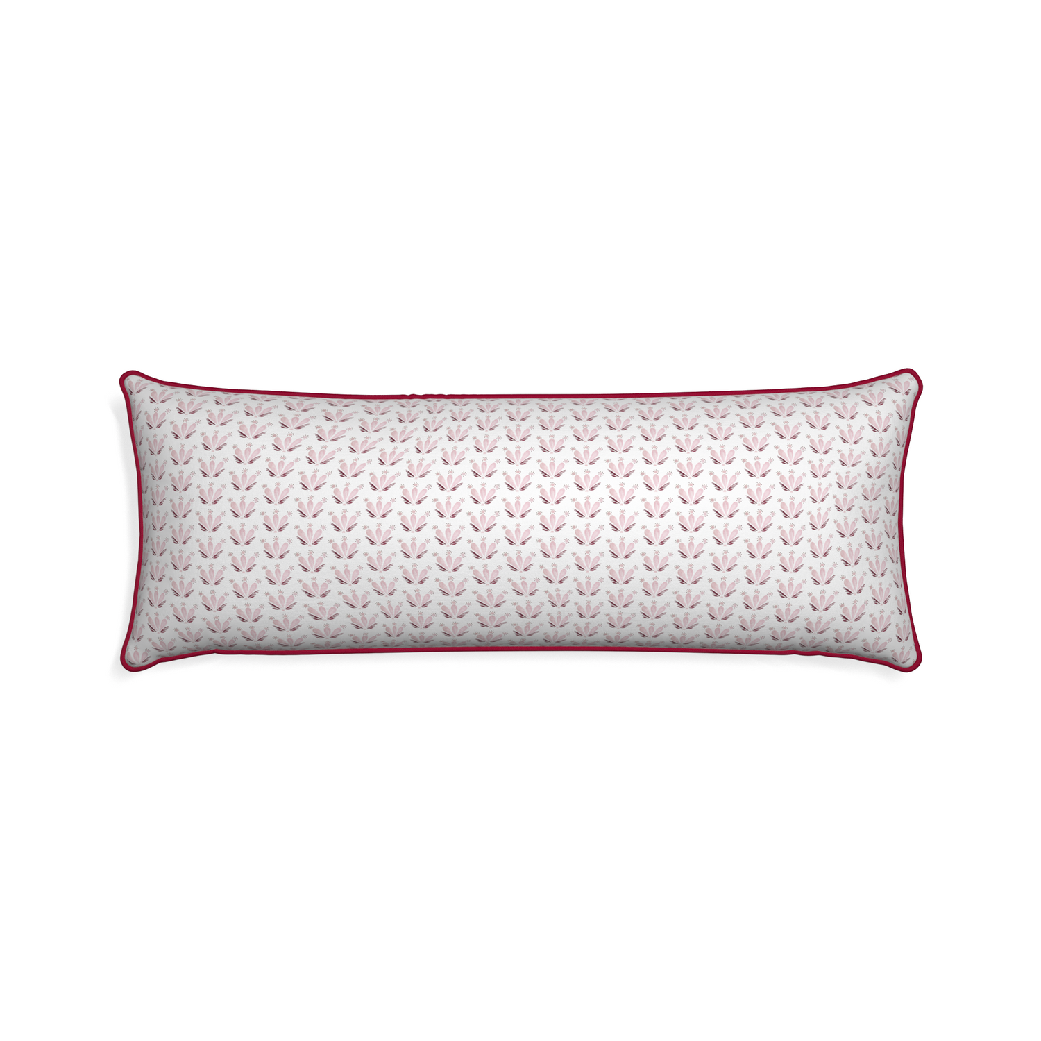 Xl-lumbar serena pink custom pink & burgundy drop repeat floralpillow with raspberry piping on white background