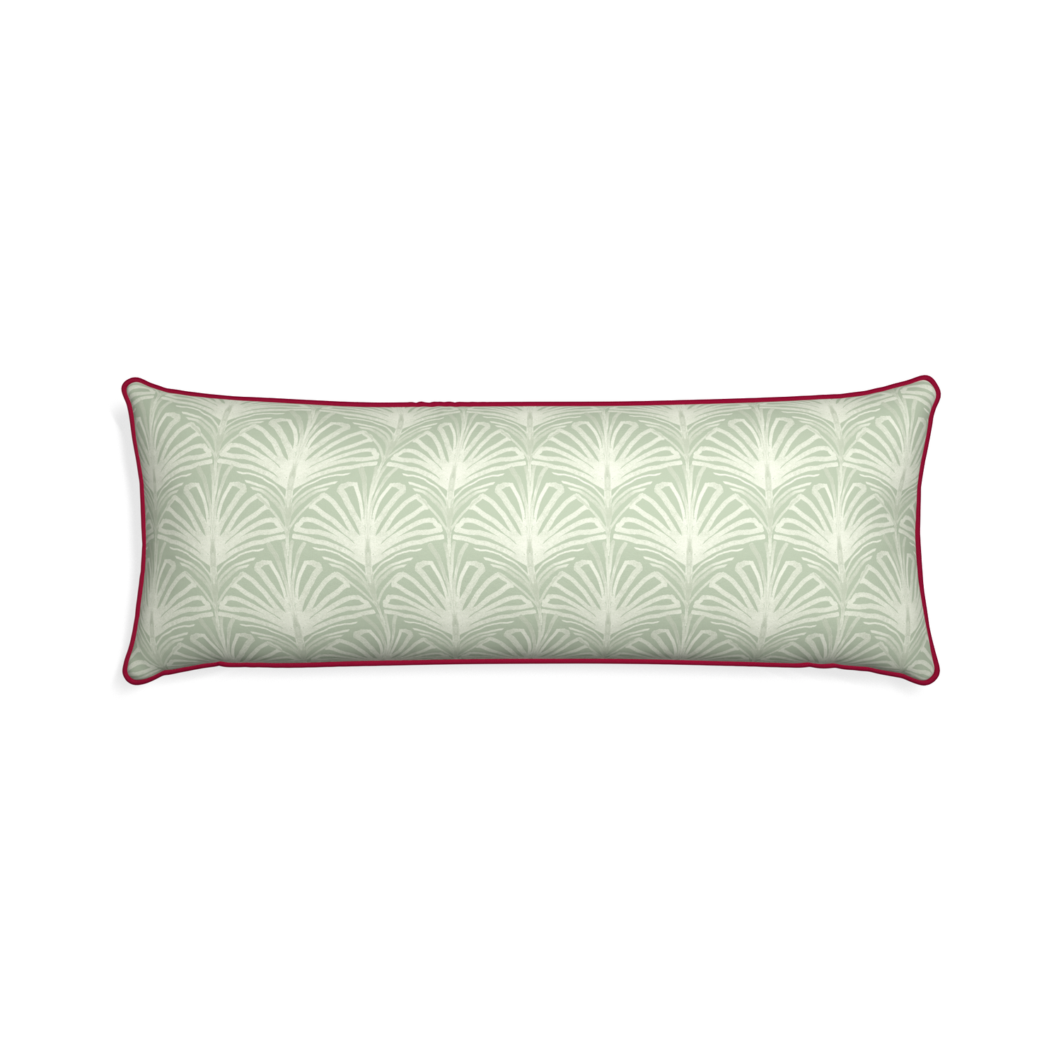 Xl-lumbar suzy sage custom pillow with raspberry piping on white background