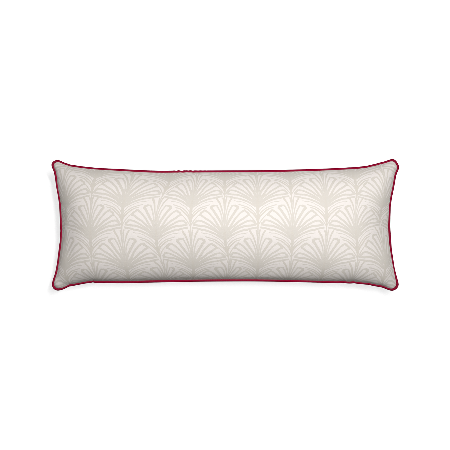 Xl-lumbar suzy sand custom pillow with raspberry piping on white background
