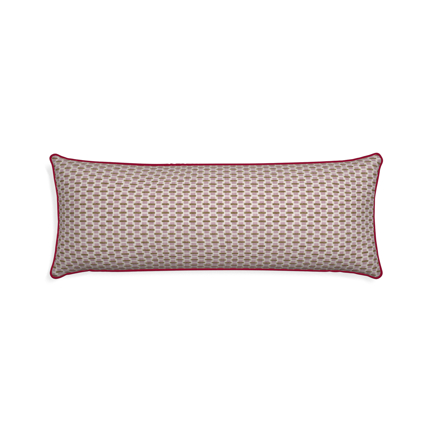 Xl-lumbar willow orchid custom pink geometric chenillepillow with raspberry piping on white background