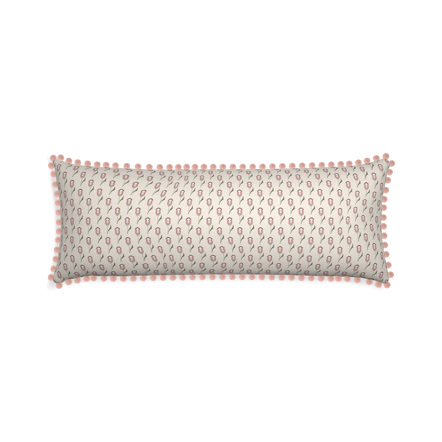 abstract floral pink lumbar pillow with rose pink pom poms