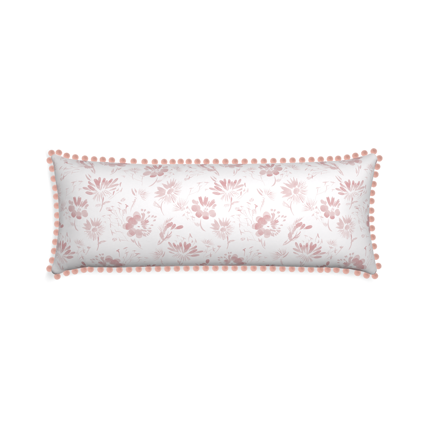 pink floral lumbar pillow with rose pink pom poms