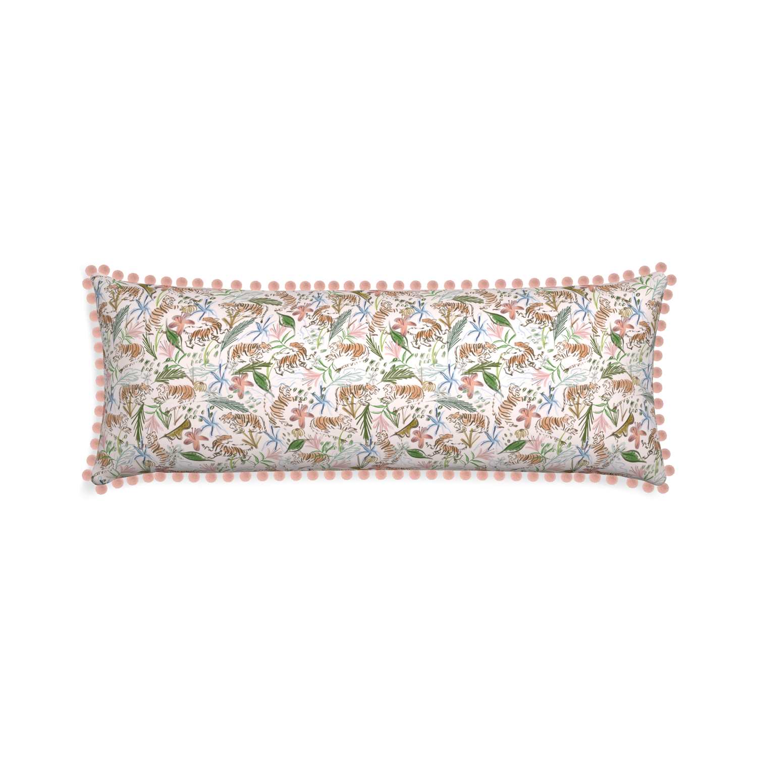 Xl-lumbar frida pink custom pink chinoiserie tigerpillow with rose pom pom on white background