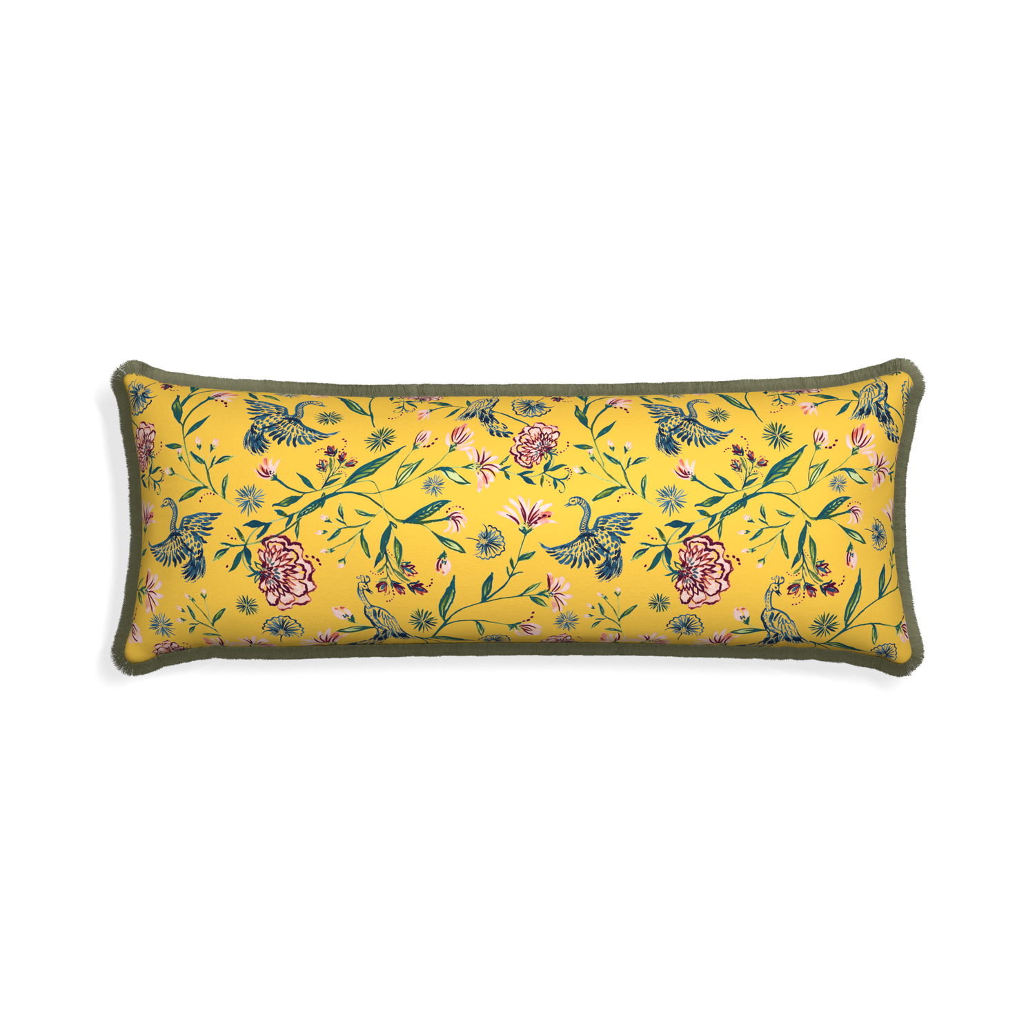 Xl-lumbar daphne canary custom pillow with sage fringe on white background