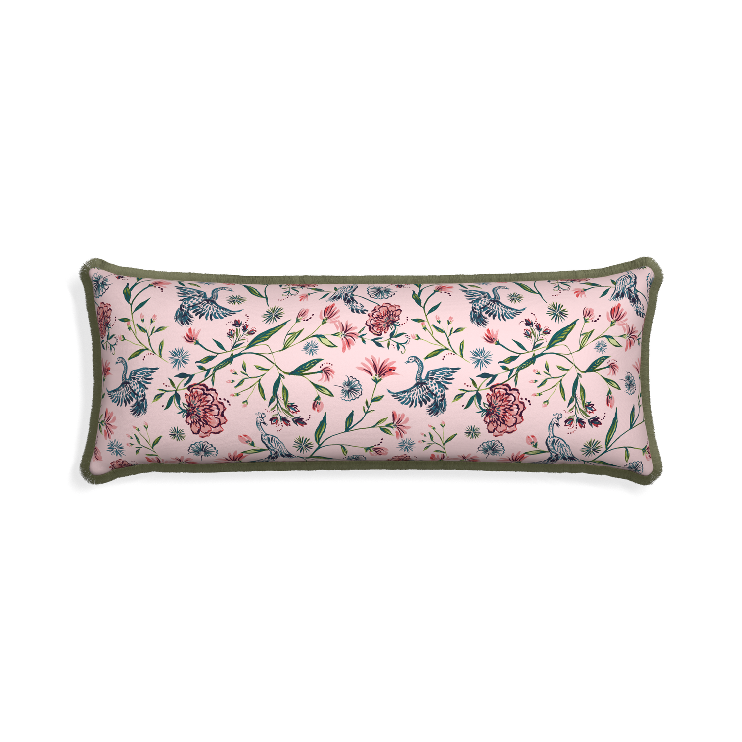 Xl-lumbar daphne rose custom pillow with sage fringe on white background