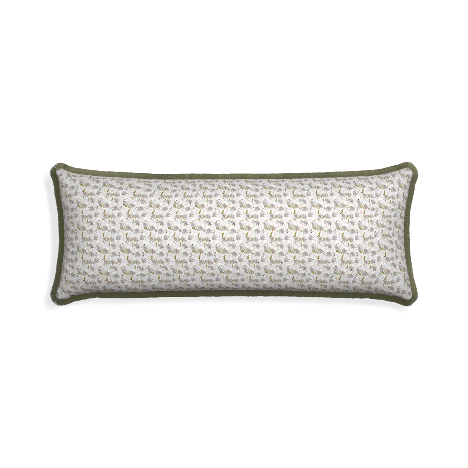 Xl-lumbar eden grey custom pillow with sage fringe on white background