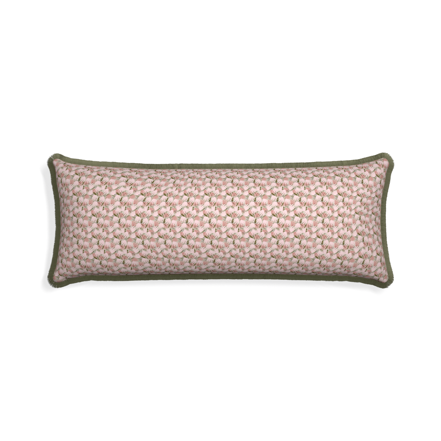 Xl-lumbar eden pink custom pillow with sage fringe on white background