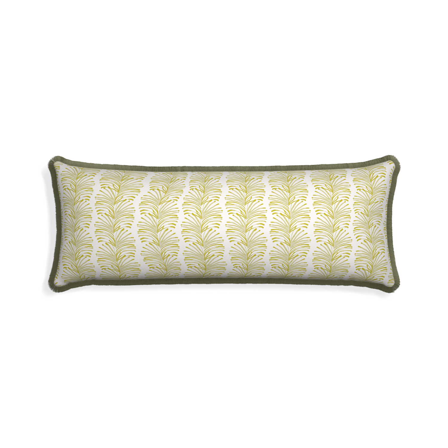 Xl-lumbar emma chartreuse custom pillow with sage fringe on white background