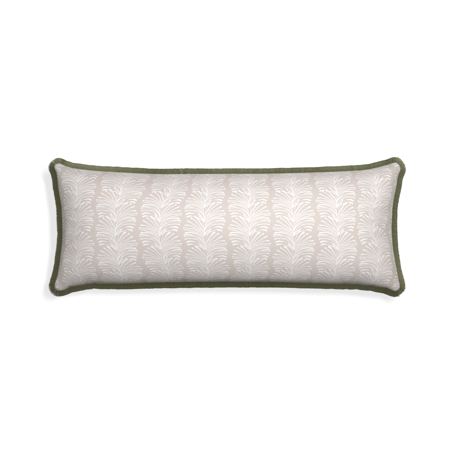 Xl-lumbar emma sand custom pillow with sage fringe on white background