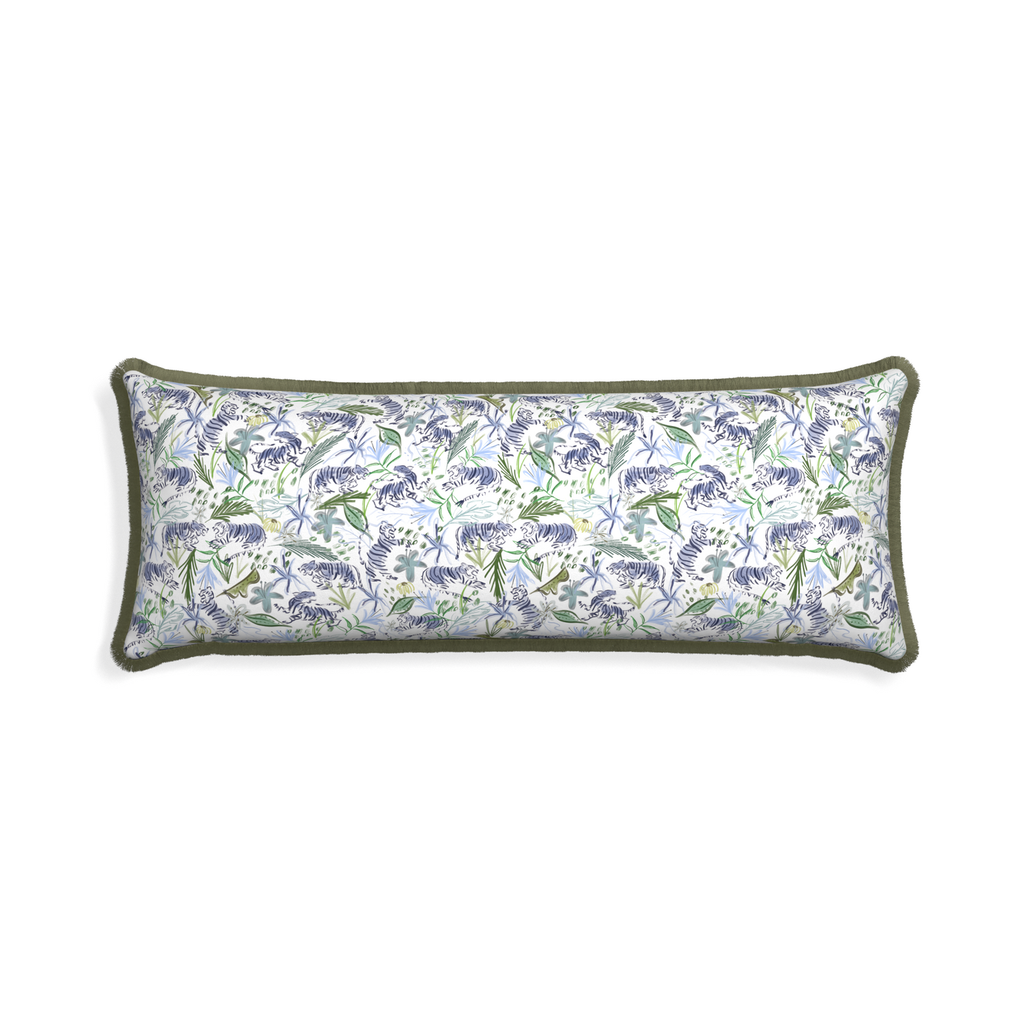 Xl-lumbar frida green custom pillow with sage fringe on white background