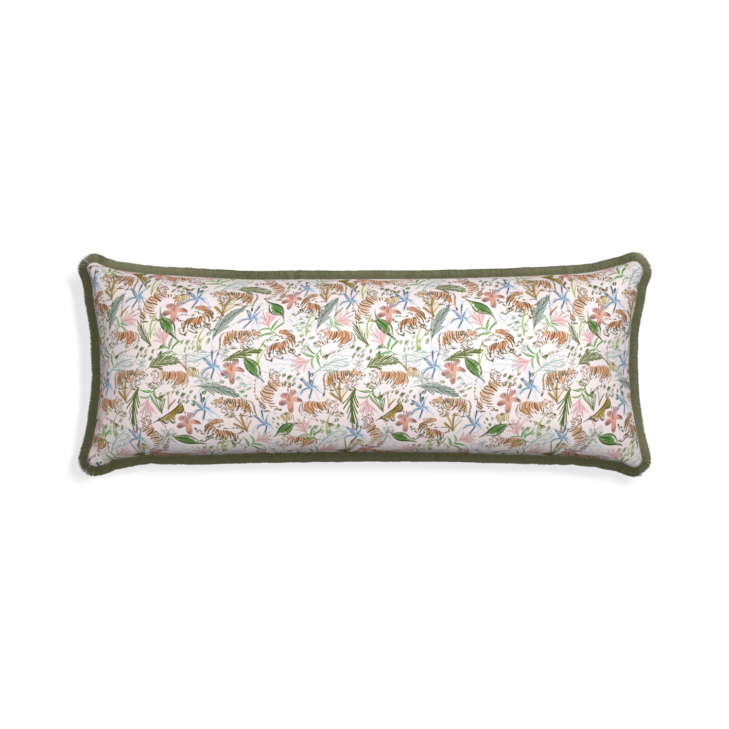 Xl-lumbar frida pink custom pillow with sage fringe on white background