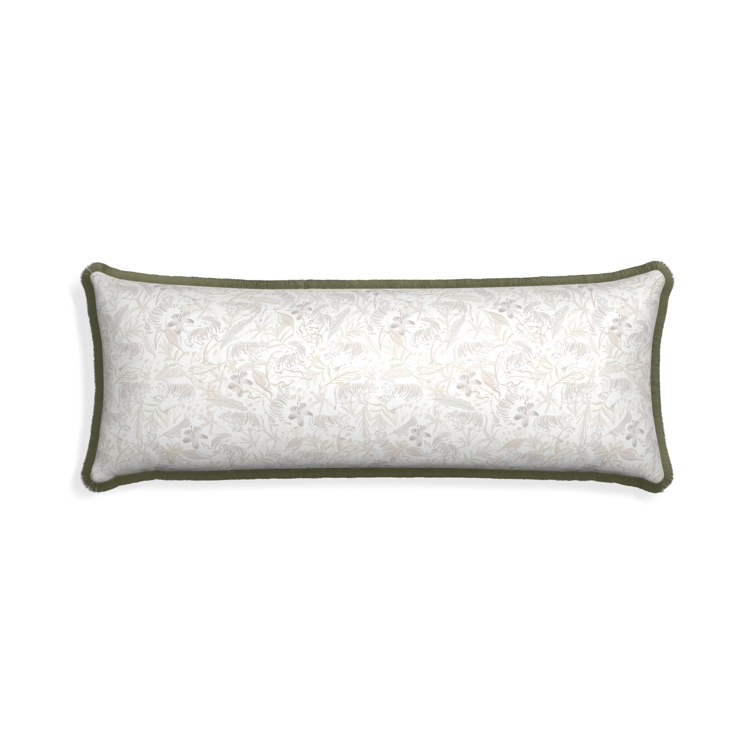 Xl-lumbar frida sand custom pillow with sage fringe on white background