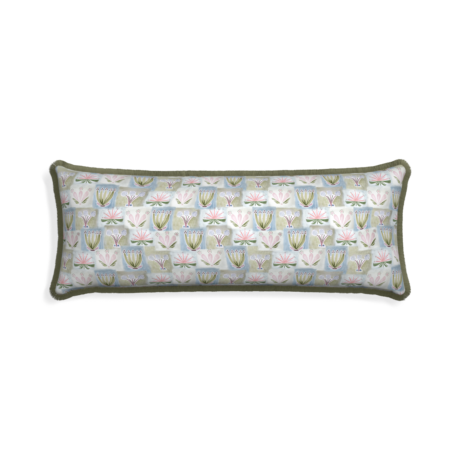 Xl-lumbar harper custom pillow with sage fringe on white background