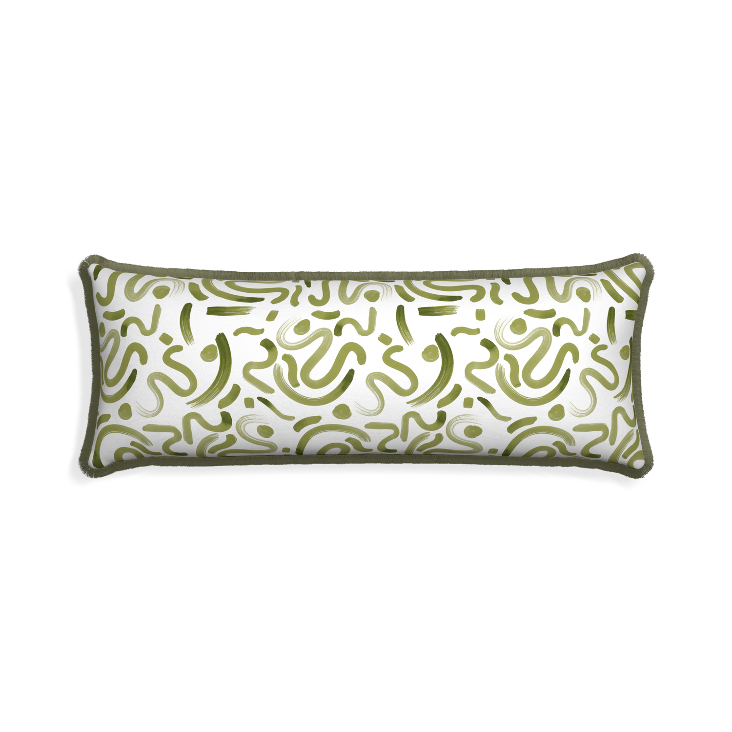 Xl-lumbar hockney moss custom pillow with sage fringe on white background