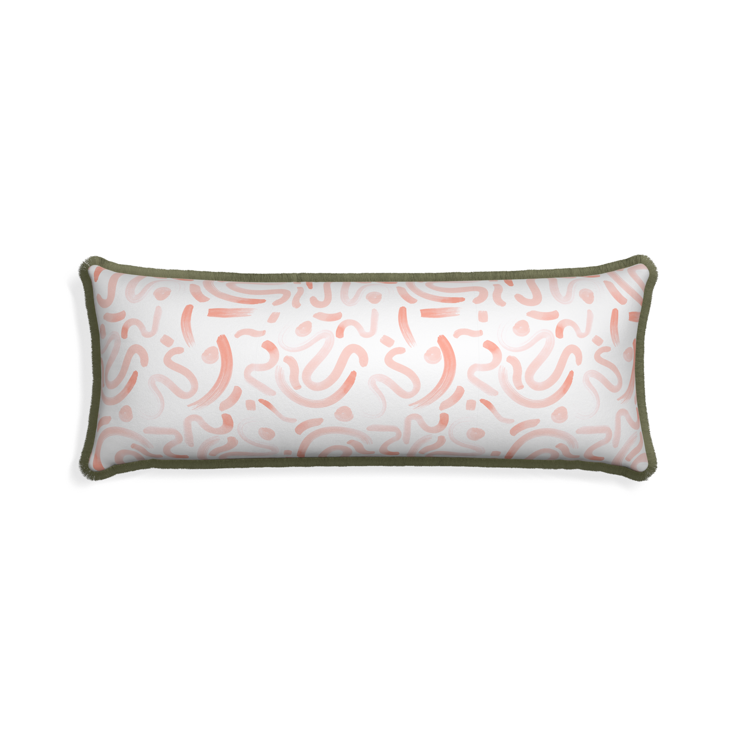 Xl-lumbar hockney pink custom pillow with sage fringe on white background