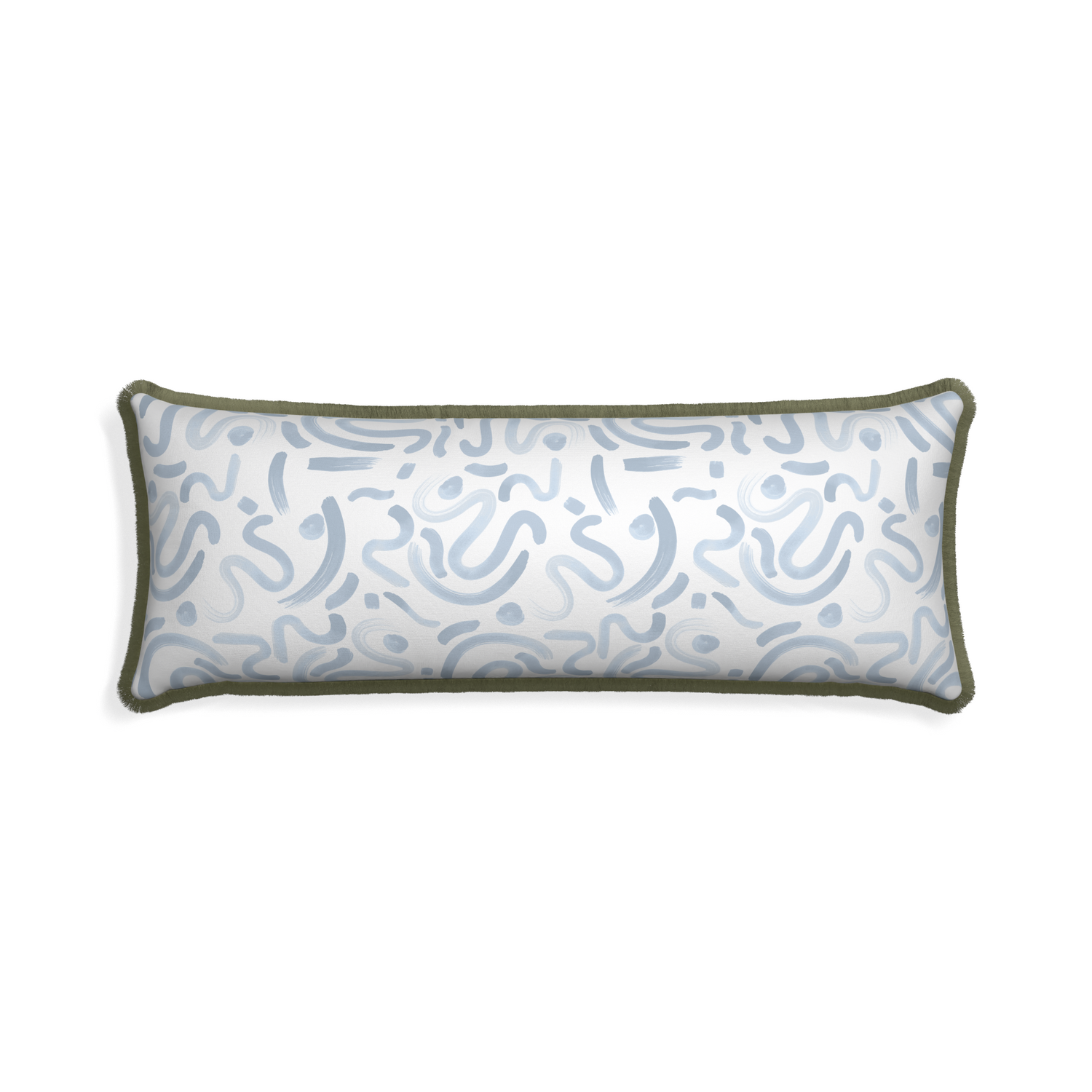 Xl-lumbar hockney sky custom pillow with sage fringe on white background
