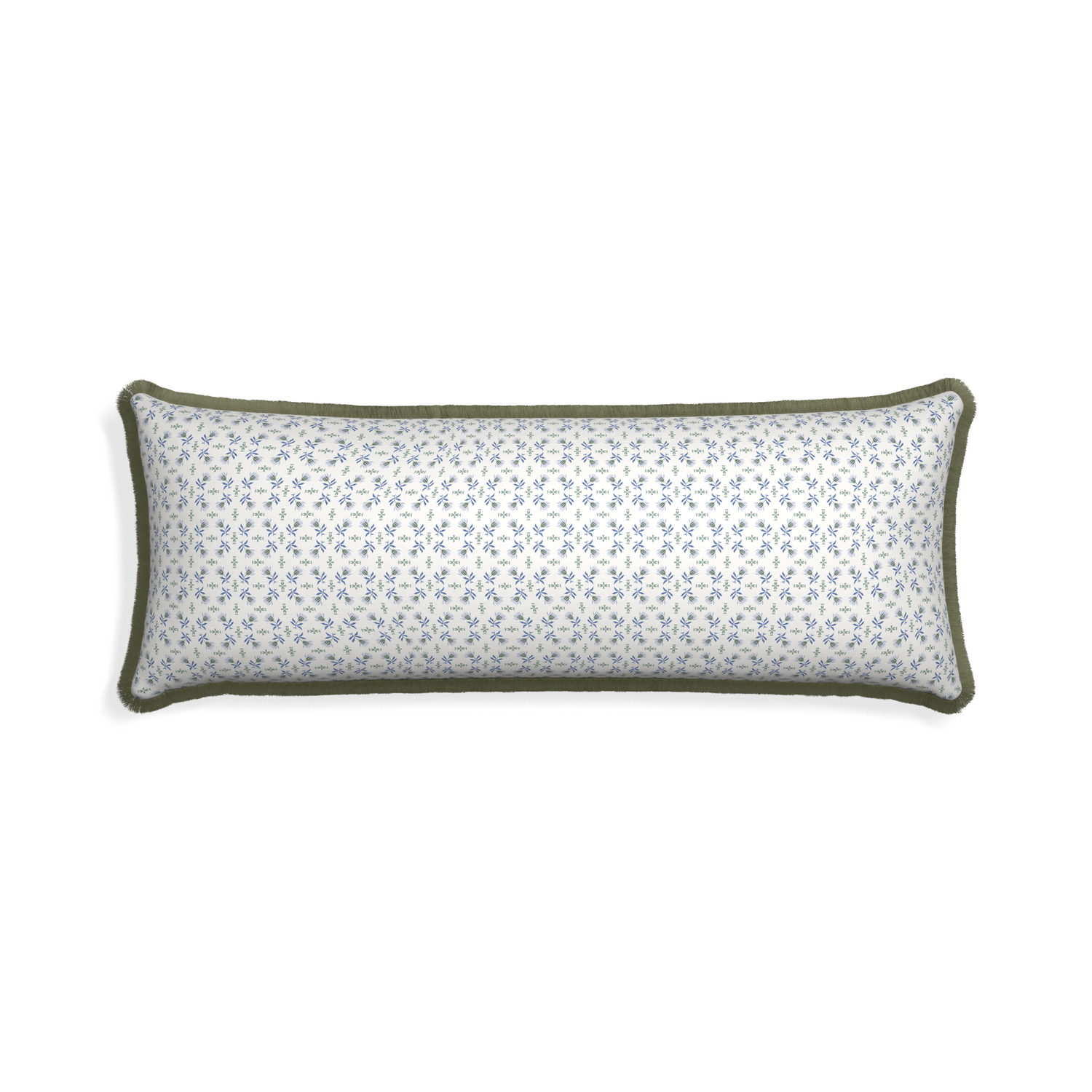 Xl-lumbar lee custom blue & green floralpillow with sage fringe on white background