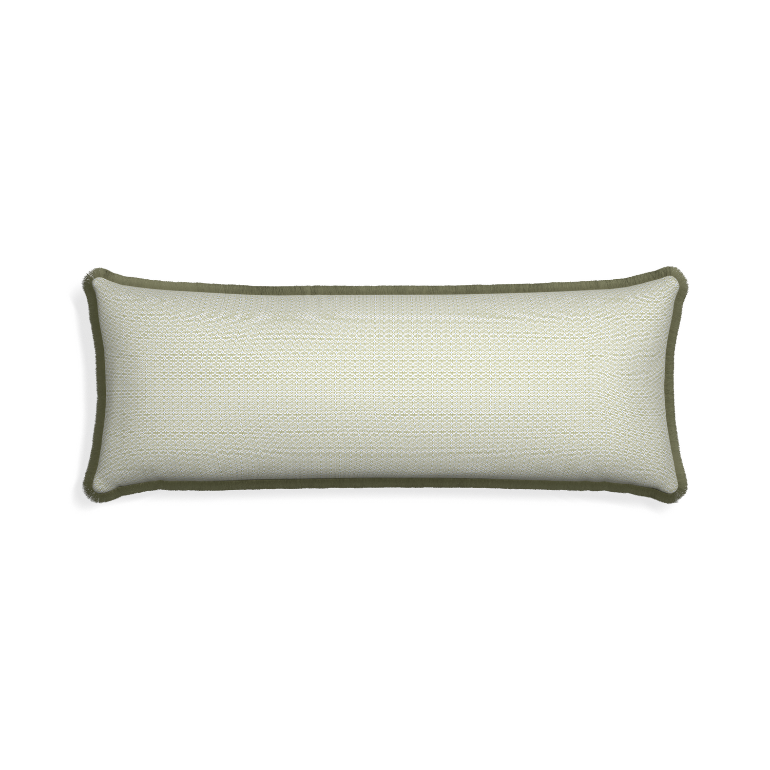 Xl-lumbar loomi moss custom pillow with sage fringe on white background
