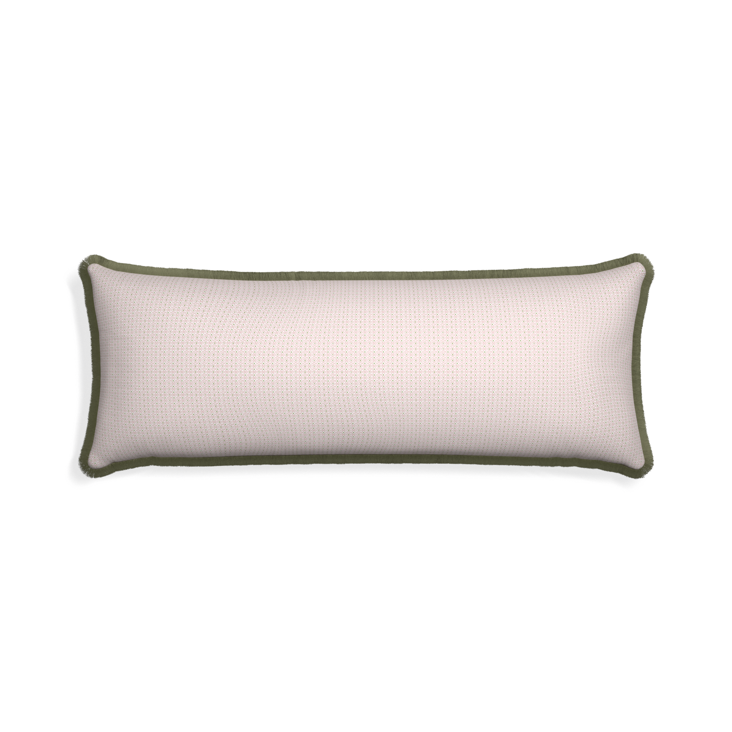 Xl-lumbar loomi pink custom pillow with sage fringe on white background