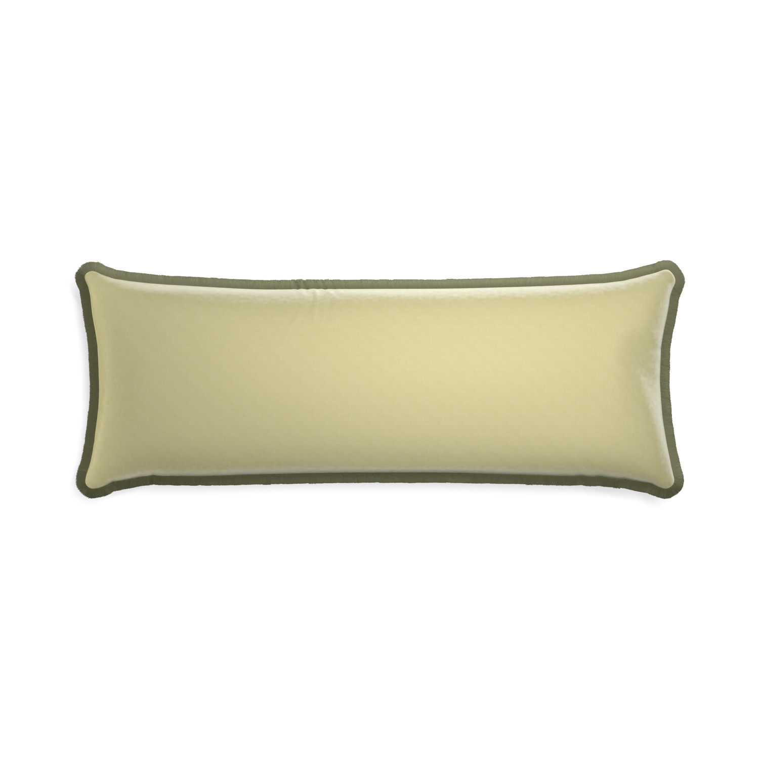 Xl-lumbar pear velvet custom pillow with sage fringe on white background