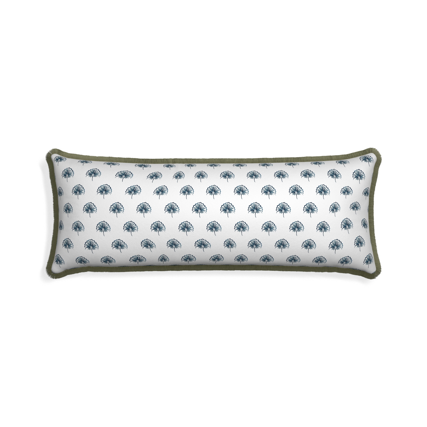 Xl-lumbar penelope midnight custom pillow with sage fringe on white background