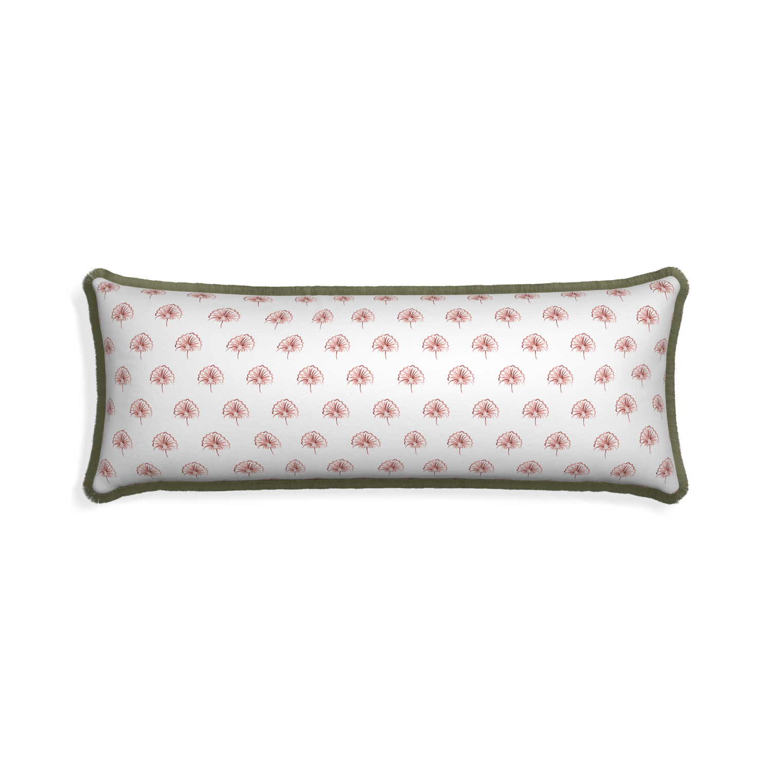 Xl-lumbar penelope rose custom pillow with sage fringe on white background