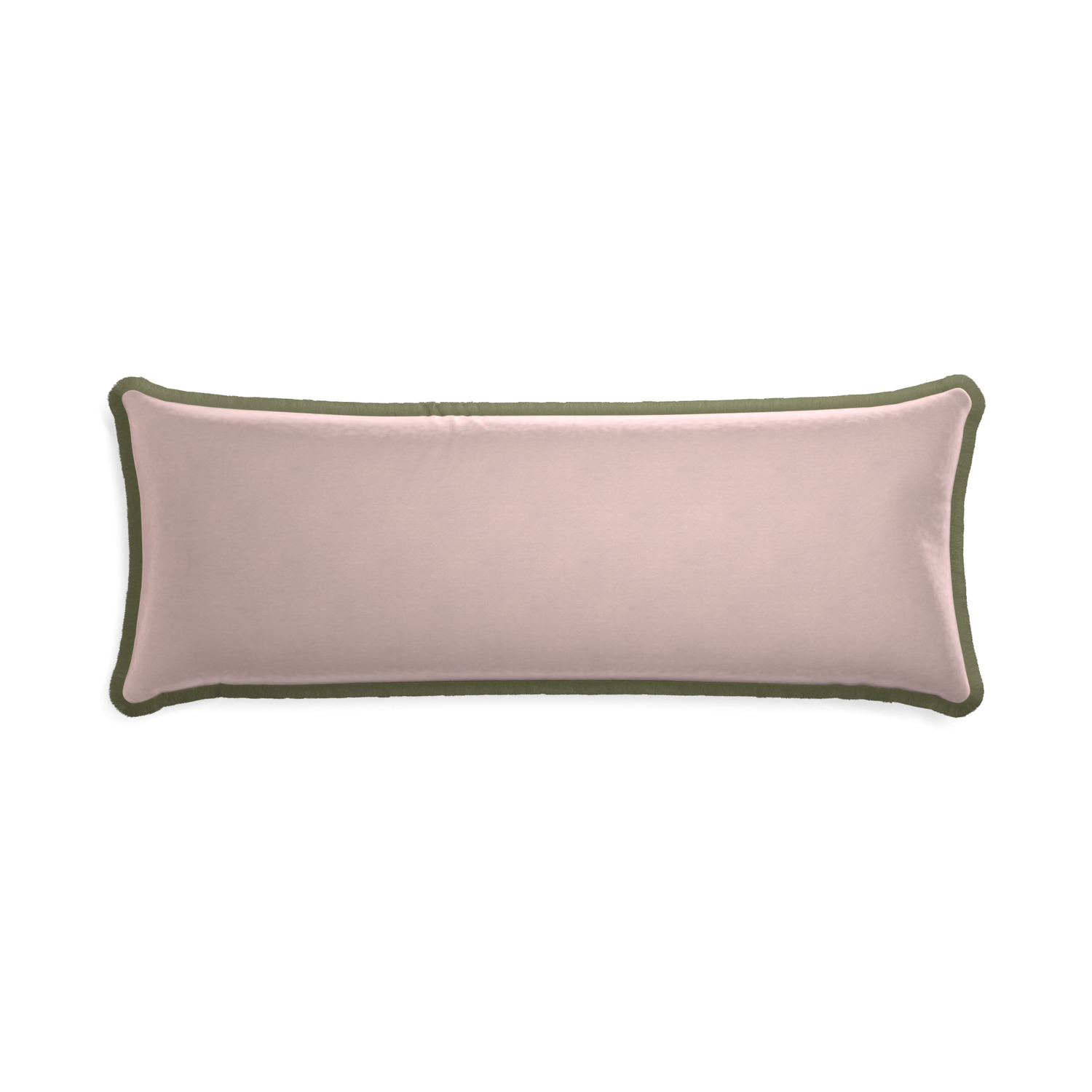 Xl-lumbar rose velvet custom pillow with sage fringe on white background