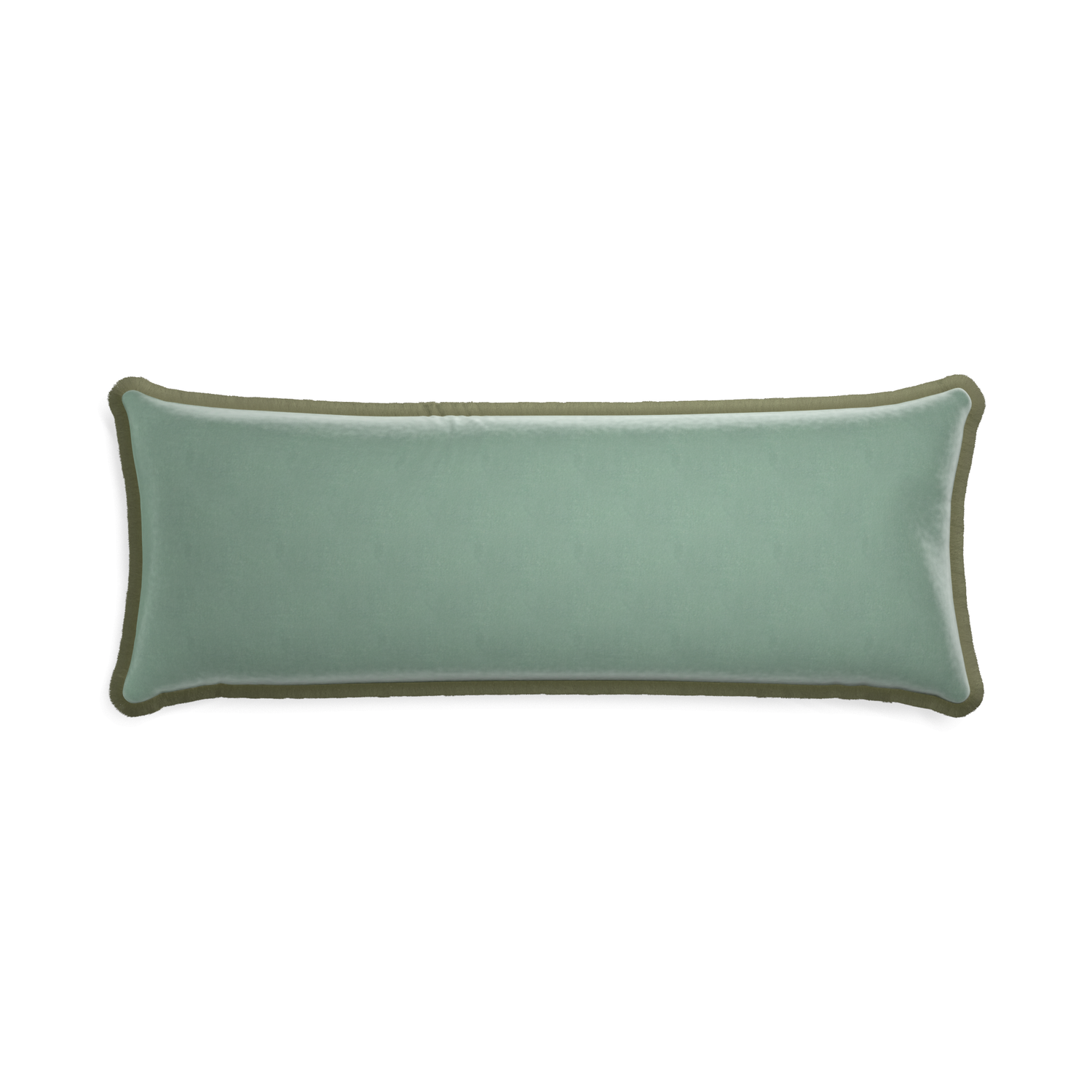 rectangle blue green velvet pillow with sage green fringe