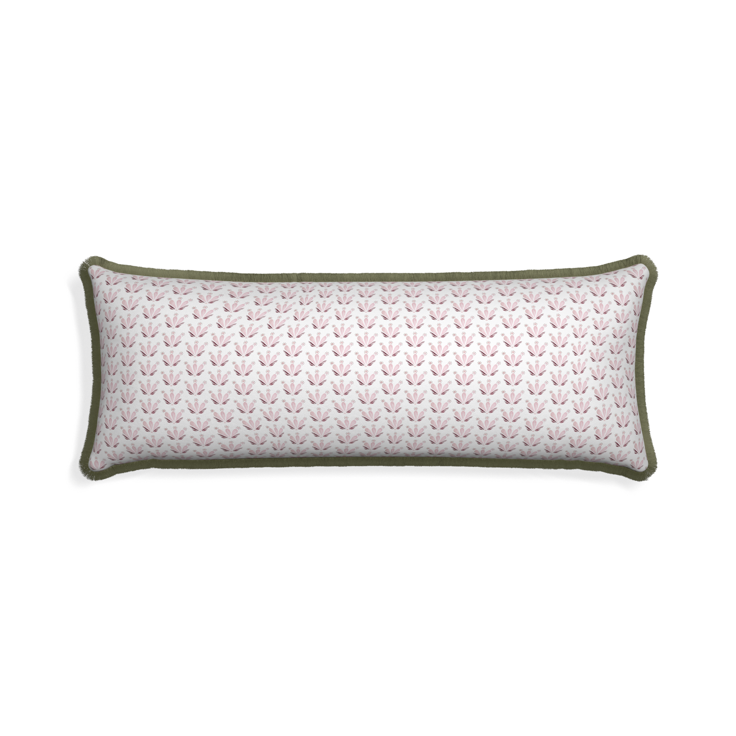 Xl-lumbar serena pink custom pink & burgundy drop repeat floralpillow with sage fringe on white background