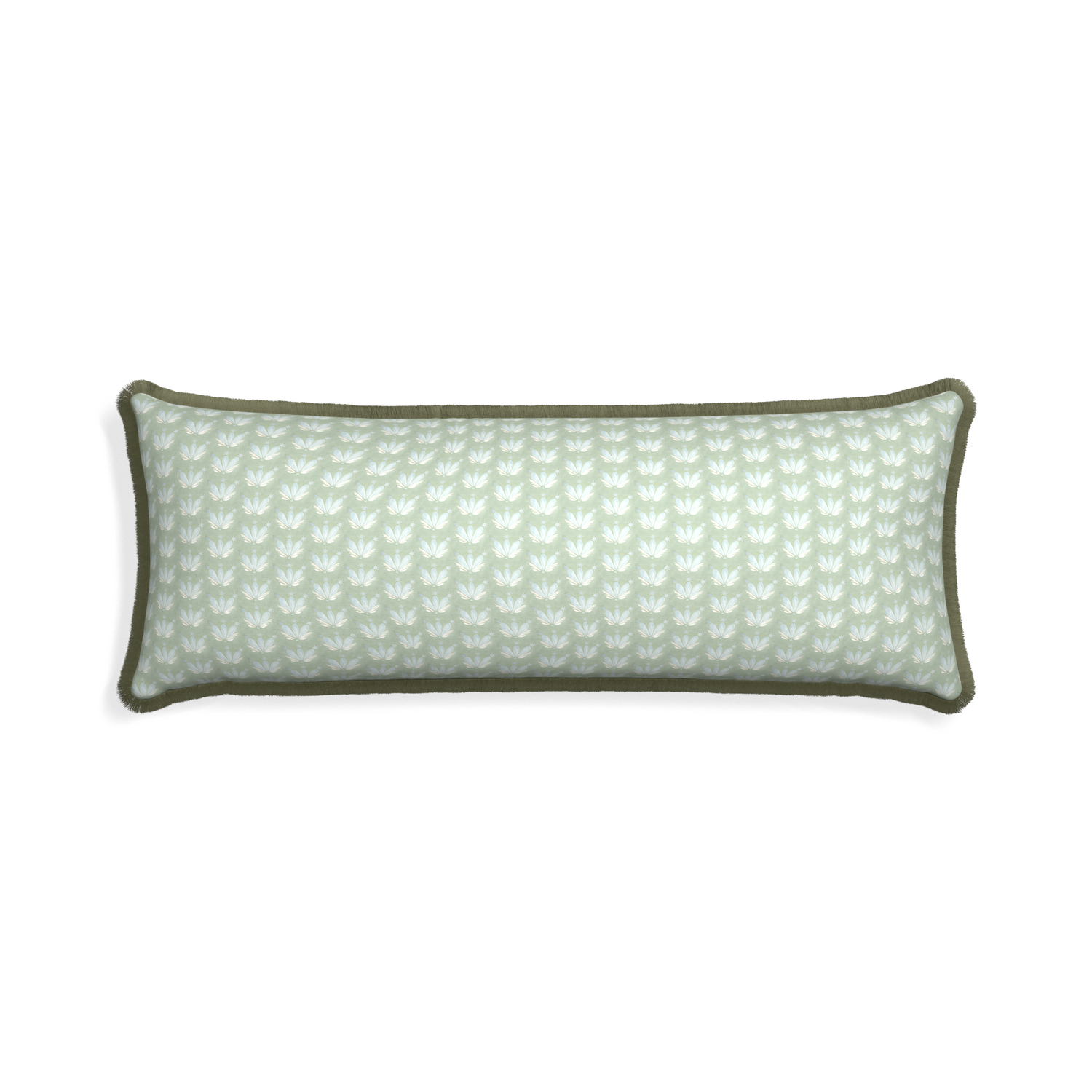 Xl-lumbar serena sea salt custom blue & green floral drop repeatpillow with sage fringe on white background